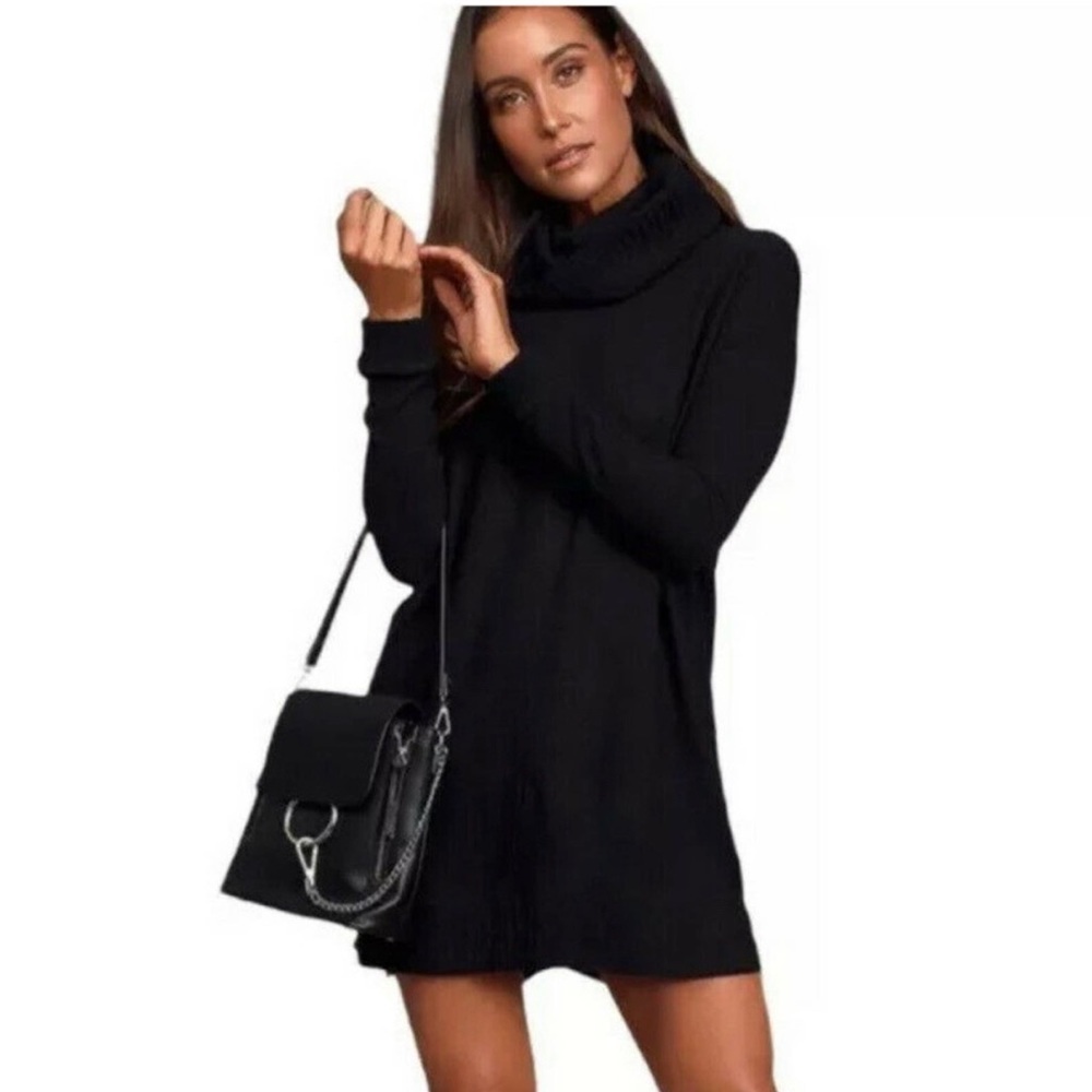 Autumn Daze Black Cowl Neck Long Sleeve Sweater Dress